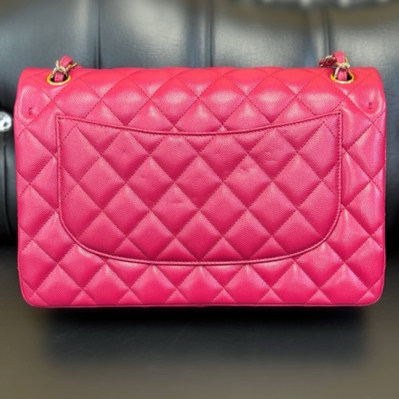 New Rare CHANEL Fuchsia Pink Large Classic Flap Bag Grained Calfskin Gold metal - Picture 6 of 14